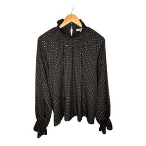 Ryegrass Blouse Ruffle Mock Neck Long Sleeve Gold Dot‎ Black Women Plus Size XXL